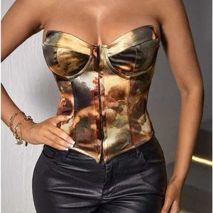 Graphic Print Criss Cross Tie Back Asymmetrical Hem Satin Tube Top